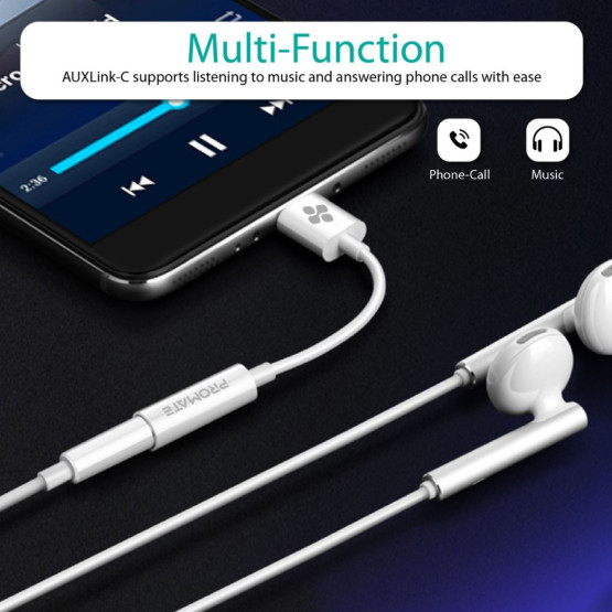 Адептер ProMate AUXLINK-C, Type-C to 3.5mm AUX Adapter, 12cm - Бял