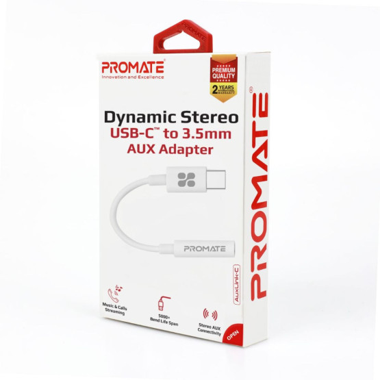 Адептер ProMate AUXLINK-C, Type-C to 3.5mm AUX Adapter, 12cm - Бял