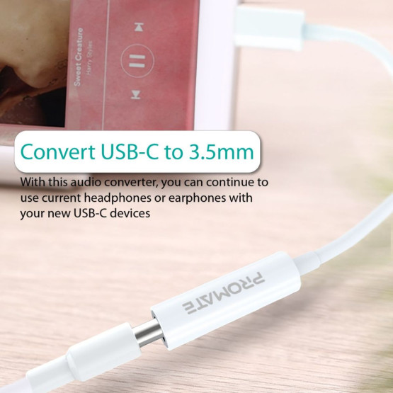 Адептер ProMate AUXLINK-C, Type-C to 3.5mm AUX Adapter, 12cm - Бял