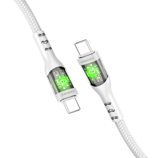 Data cable ProMate TRANSLINE-CC 20V/3A, 60W PD, Type-C to Type-C, LED Lights, 120cm - Бял