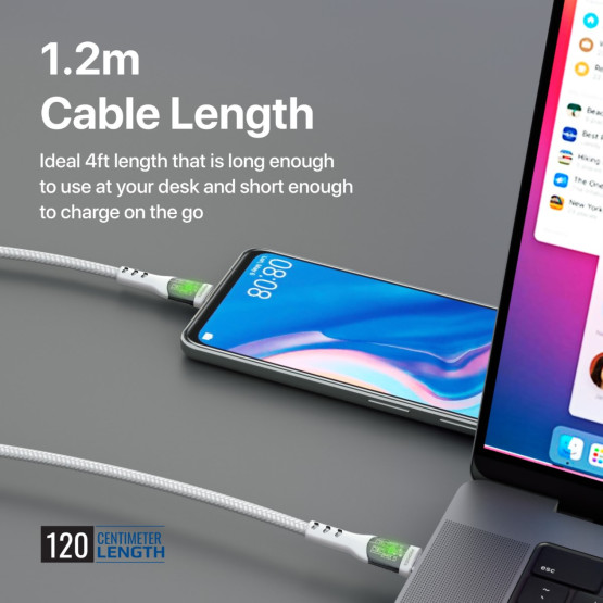 Data cable ProMate TRANSLINE-CC 20V/3A, 60W PD, Type-C to Type-C, LED Lights, 120cm - Бял