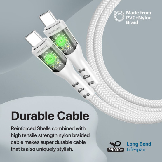 Data cable ProMate TRANSLINE-CC 20V/3A, 60W PD, Type-C to Type-C, LED Lights, 120cm - Бял