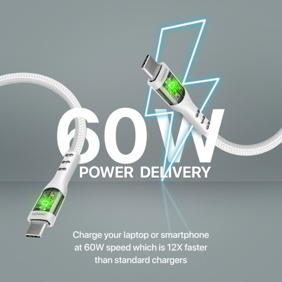 Data cable ProMate TRANSLINE-CC 20V/3A, 60W PD, Type-C to Type-C, LED Lights, 120cm - Бял