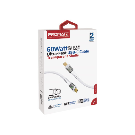 Data cable ProMate TRANSLINE-CC 20V/3A, 60W PD, Type-C to Type-C, LED Lights, 120cm - Бял