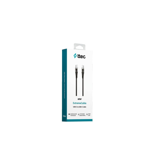 Data кабел ttec ExtremeCable Extra Durable Transparent USB-C –USB-C 60W PD/QC Fast Charging/Data Cable, 120cm - Черен