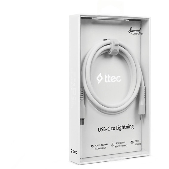 Data кабел ttec USB-C - USB-C 60W PD/QC Fast Charging/Data Cable - 120cm - Бял