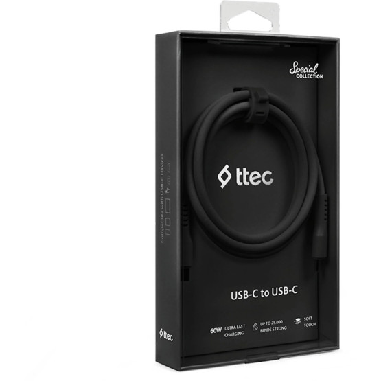 Data кабел ttec USB-C - USB-C 60W PD/QC Fast Charging/Data Cable - 120cm - Черен
