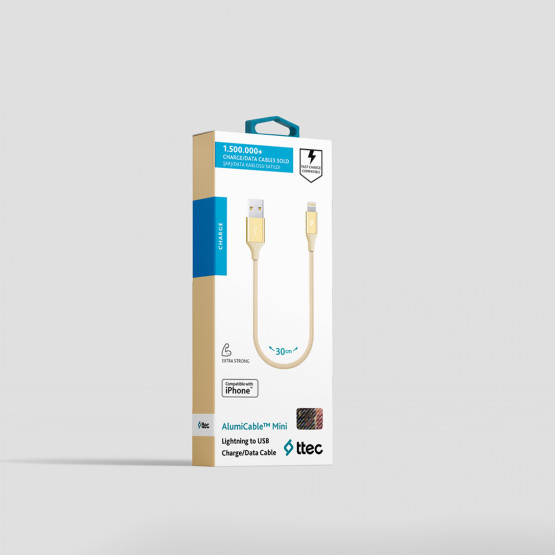 Кабел ttec AlumiCable Ligthning USB Charge / Data Mini Cable , 30cm - Златист
