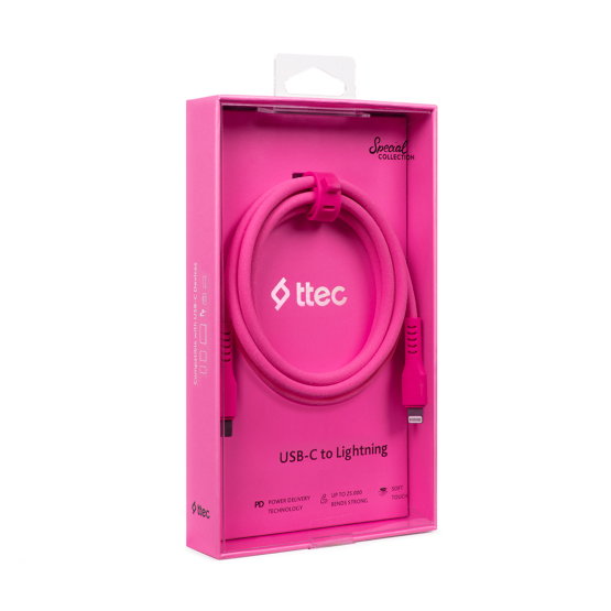 Data кабел ttec USB-C - Lightning Charge/Data Cable 120cm - Neon Pink