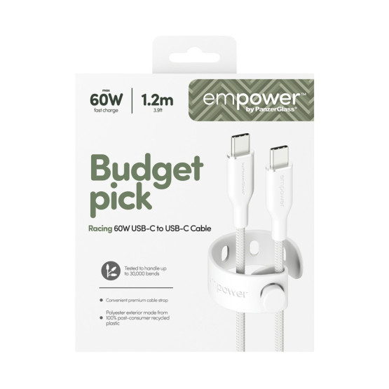 Data кабел empower by PanzerGlass Racing USB-C to USB-C Cable 60W USB 2.0, 1,2m - Silver White