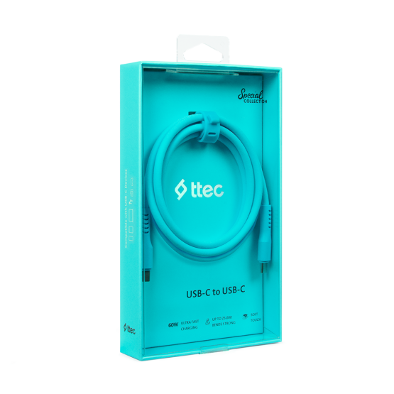 Data кабел ttec USB-C - USB-C 60W PD/QC Fast Charging/Data Cable - 120cm - Neon Blue