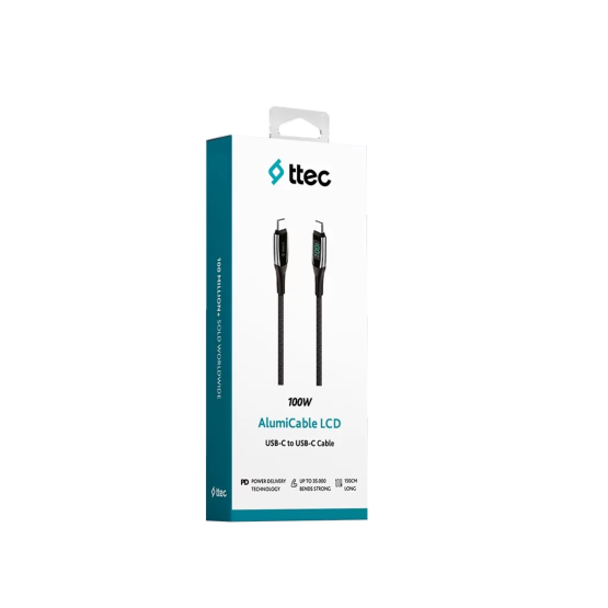 Data кабел ttec AlumiCable LCD USB-C – USB-C 100W PD/QC Fast Charging/Data Cable, 150cm - Черен