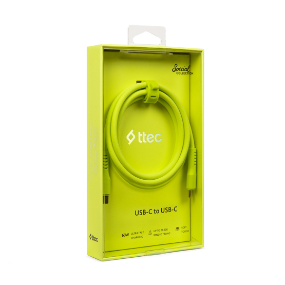 Data кабел ttec USB-C - USB-C 60W PD/QC Fast Charging/Data Cable - 120cm - Neon Yellow