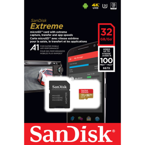 Мемори карта SanDisk Extreme microSDHC 32GB + SD Adapter + RescuePRO Deluxe 100MB/s A1 C10 V30 UHS-I U3