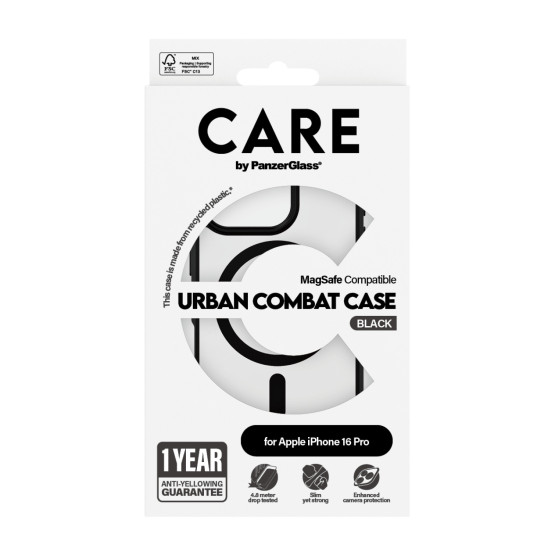 Гръб CARE by PanzerGlass за iPhone 16 Pro, Flagship Case Urban Combat Black Frame and MagSafe
