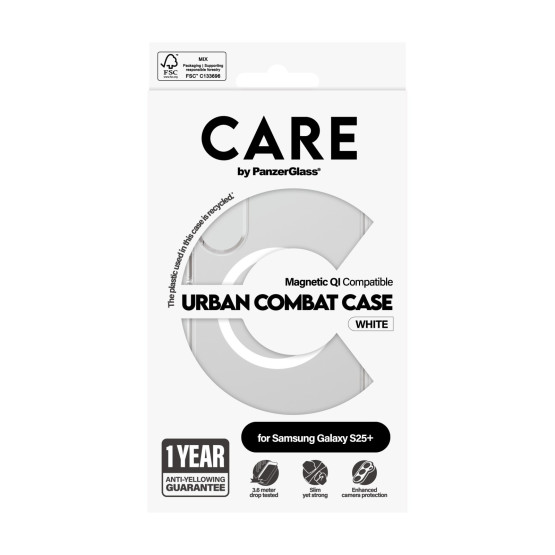 Гръб Care by PanzerGlass за Samsung Galaxy S25 Plus, Flagship Case, Прозрачен, Urban Combat, QI Compatible, Бял