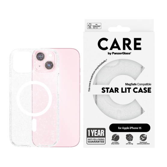 Гръб CARE by PanzerGlass за iPhone 15, Flagship Case Star Lit w. White MagSafe