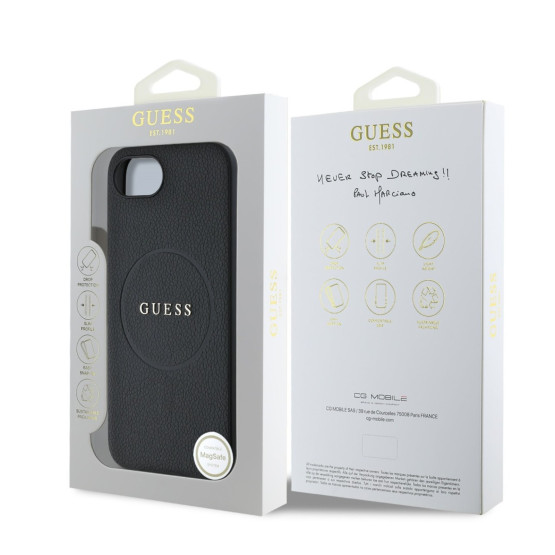 Гръб Guess за iPhone 16E, PU, Grained, 4G Metal Logo, Черен