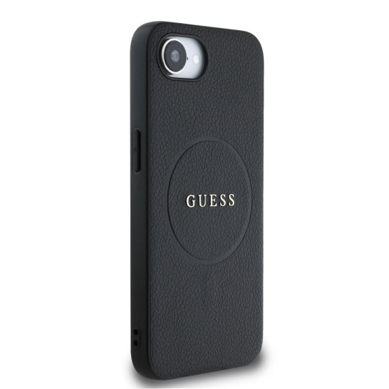 Гръб Guess за iPhone 16E, PU, Grained, 4G Metal Logo, Черен