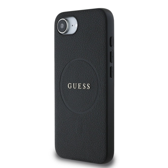 Гръб Guess за iPhone 16E, PU, Grained, 4G Metal Logo, Черен