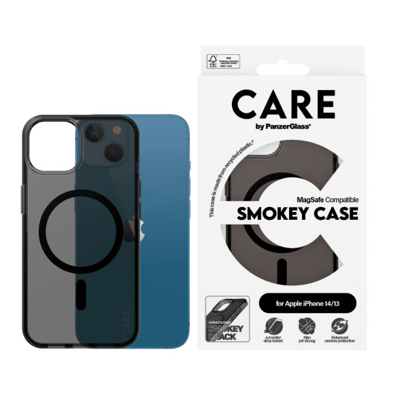 Гръб CARE by PanzerGlass за iPhone 14/13, Flagship, Smokey, Black MagSafe