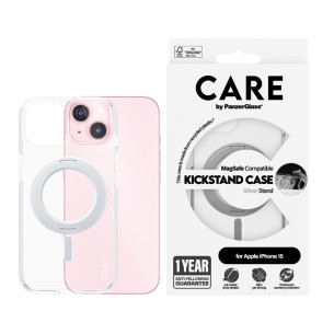 Гръб CARE by PanzerGlass за iPhone 15 Feature Silver Kick+MagSafe - Прозрачен