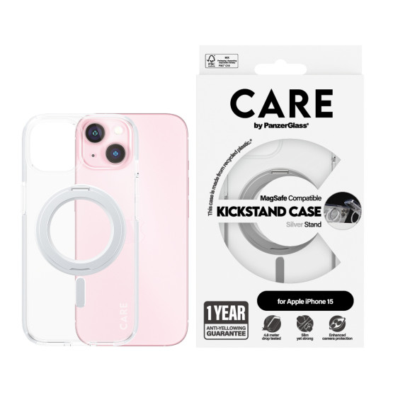 Гръб CARE by PanzerGlass за iPhone 15 Feature Silver Kick+MagSafe - Прозрачен