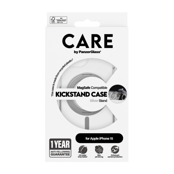 Гръб CARE by PanzerGlass за iPhone 15 Feature Silver Kick+MagSafe - Прозрачен