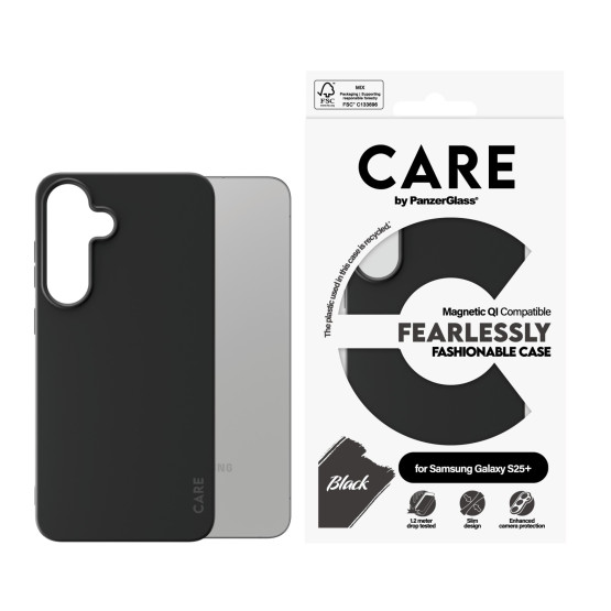 Гръб Care by PanzerGlass за Samsung Galaxy S25 Plus, Fashionable Case, QI Compatible, Черен
