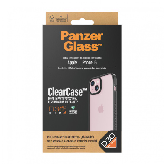 Гръб PanzerGlass за Apple iPhone 15 Clearcase with D3O - Черна рамка
