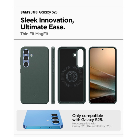 Гръб Spigen за Samsung Galaxy S25, Thin Fit, MagSafe, Зелен