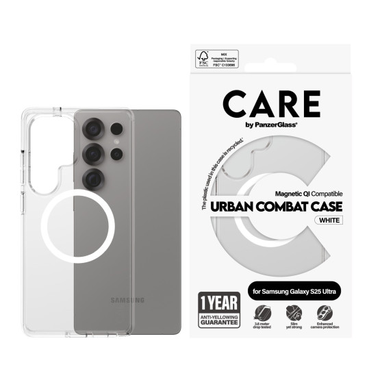 Гръб Care by PanzerGlass за Samsung Galaxy S25 Ultra, Flagship Case, Прозрачен, Urban Combat, QI Compatible, Бял