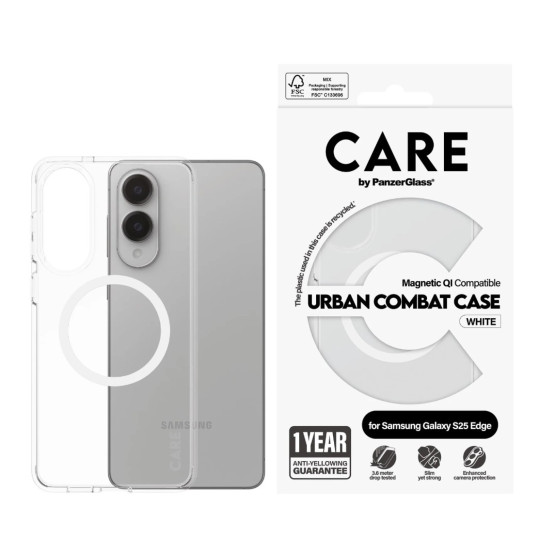 Гръб CARE by PanzerGlass за Samsung Galaxy S25 Edge, Flagship Urban White QI - Прозрачен