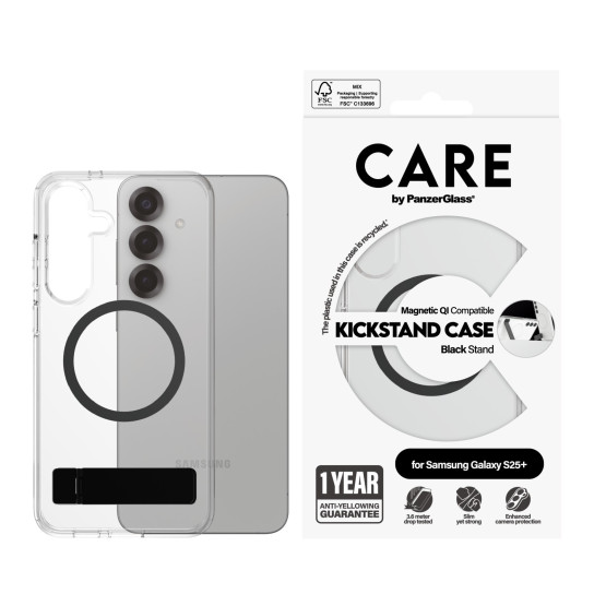 Гръб Care by PanzerGlass за Samsung Galaxy S25 Plus, Feature Case, Kickstand, QI Compatible, Черен