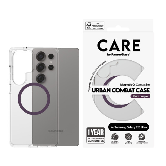 Гръб Care by PanzerGlass за Samsung Galaxy S25 Ultra, Flagship Case, Прозрачен, Urban Combat, QI Compatible, Plum Purple