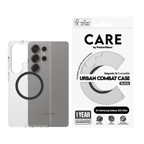 Гръб Care by PanzerGlass за Samsung Galaxy S25 Ultra, Flagship Case, Прозрачен, Urban Combat, QI Compatible, Черен