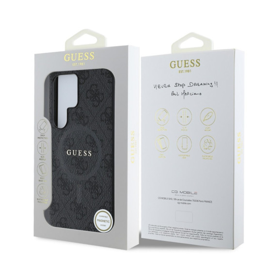 Гръб Guess за Samsung Galaxy S25 Ultra, PU, Leather 4G, Colored Ring MagSafe Case, Черен