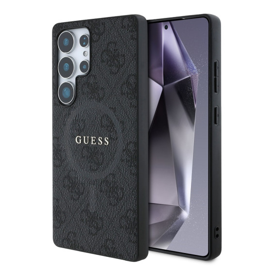 Гръб Guess за Samsung Galaxy S25 Ultra, PU, Leather 4G, Colored Ring MagSafe Case, Черен