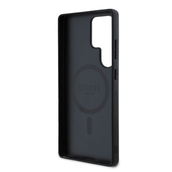 Гръб Guess за Samsung Galaxy S25 Ultra, PU, Leather 4G, Colored Ring MagSafe Case, Черен