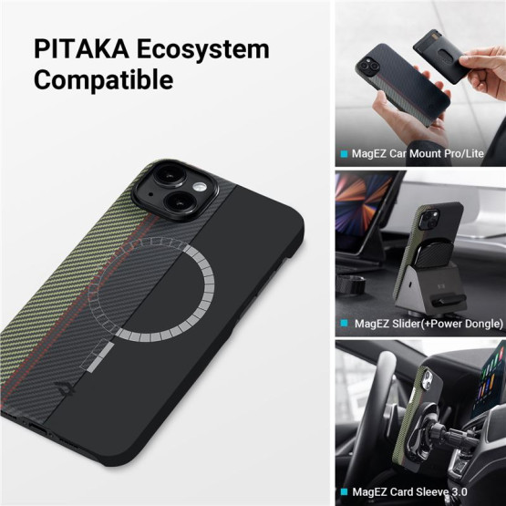 Гръб Pitaka Fusion Weaving MagEZ Case 3 за iPhone14 - Черно/зелем