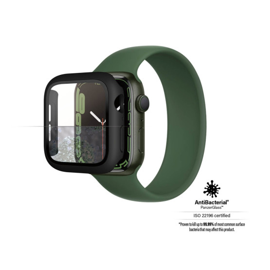 Стъклен протектор за часовник със силиконова рамка PanzerGlass за Apple watch Series 7, 41mm, AntiBacteria - Черна рамка