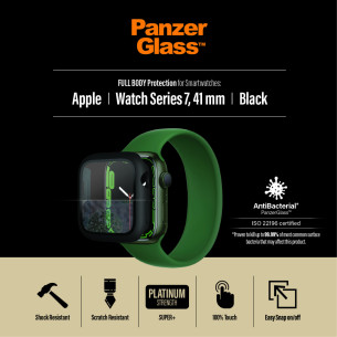 Стъклен протектор за часовник със силиконова рамка PanzerGlass за Apple watch Series 7, 41mm, AntiBacteria - Черна рамка