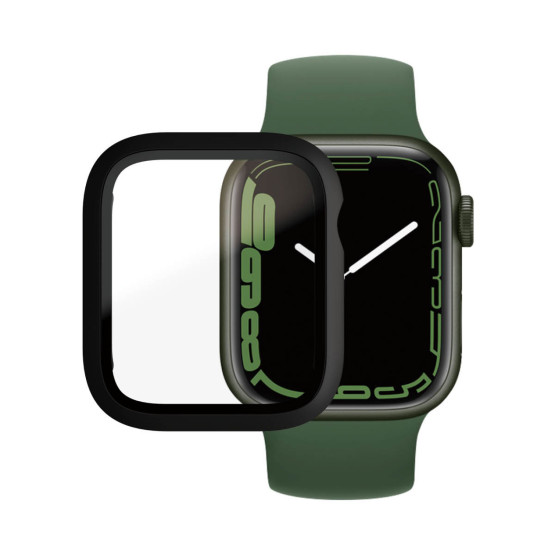 Стъклен протектор за часовник със силиконова рамка PanzerGlass за Apple watch Series 7, 41mm, AntiBacteria - Черна рамка