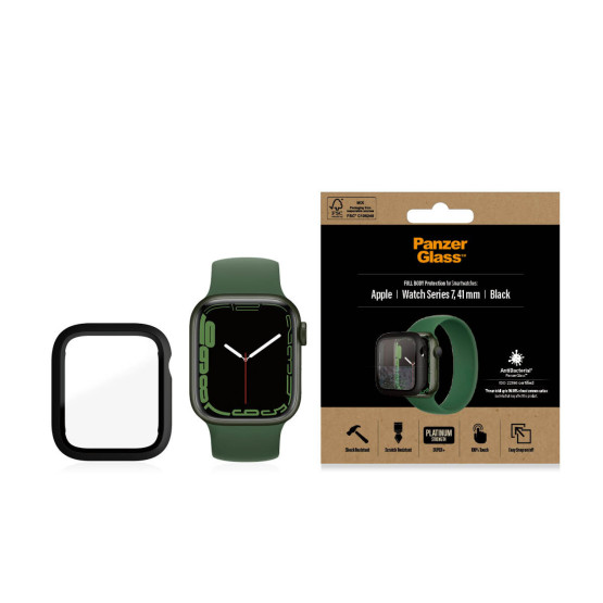 Стъклен протектор за часовник със силиконова рамка PanzerGlass за Apple watch Series 7, 41mm, AntiBacteria - Черна рамка