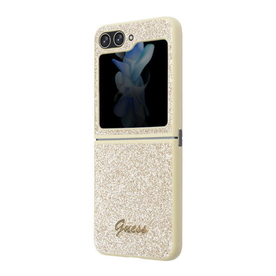 Гръб Guess PC/TPU Glitter Flakes Metal Logo Case за Samsung Galaxy Z Flip 5 - Златист