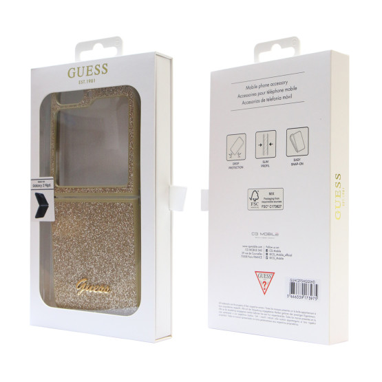 Гръб Guess PC/TPU Glitter Flakes Metal Logo Case за Samsung Galaxy Z Flip 5 - Златист