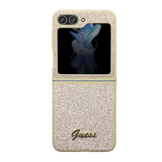 Гръб Guess PC/TPU Glitter Flakes Metal Logo Case за Samsung Galaxy Z Flip 5 - Златист