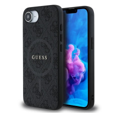 Гръб Guess за iPhone 16E, PU, Leather, 4G Colored Ring, MagSafe, Черен