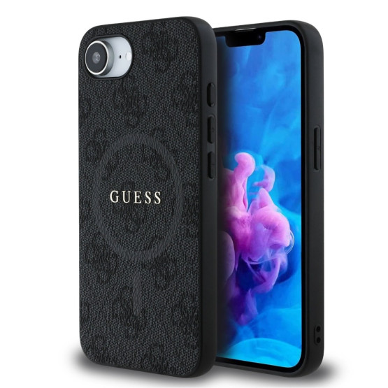 Гръб Guess за iPhone 16E, PU, Leather, 4G Colored Ring, MagSafe, Черен