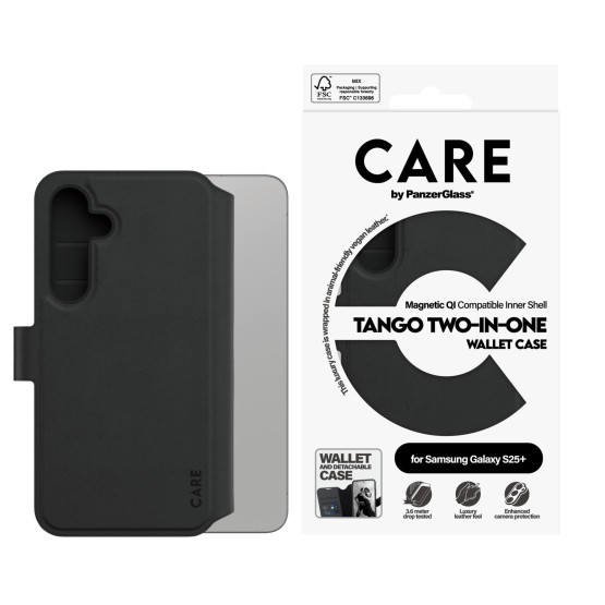 Калъф тефтер, Care by PanzerGlass за Samsung Galaxy S25 Plus, Tango, Two-in-One, QI Compatible, Feature Case, Черен